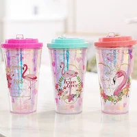 

Seaygift 2019 most popular laser rainbow insulated double wall travel mug kids flamingo plastic drink water cup with straw