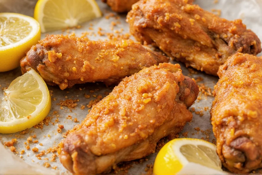 Close-up of golden brown lemon pepper dry rub wings on baking sheet with fresh lemon slices and cracked pepper