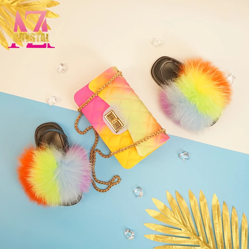 

2021 baby childrens blue and yellow colorful custom fur kids slides with strap and purse vendors for kids toddlers children