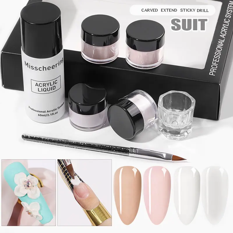 

4 Colors Acrylic Crystal Powder Set Nail Builder Extension Carved Pigment With Carved Pen Acrylic Liquid Nail Set, As picture show
