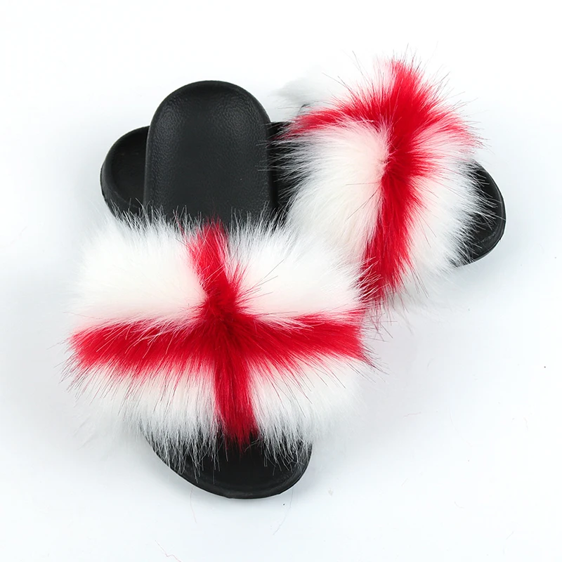 

Faux Fur Slippers Women Mixed Color Fur Fluffy Home Slippers Comfort Flat Fuzzy Slides, Color mixing