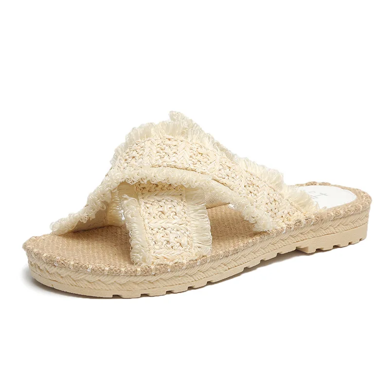 

2021 spring and summer new ladies straw-woven fashion beach sandals in large size wholesale in Europe and America., Beige, apricot