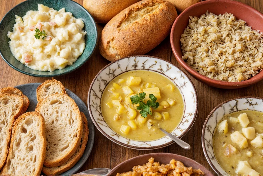 Various dishes featuring caraway including rye bread, sauerkraut, and potato soup