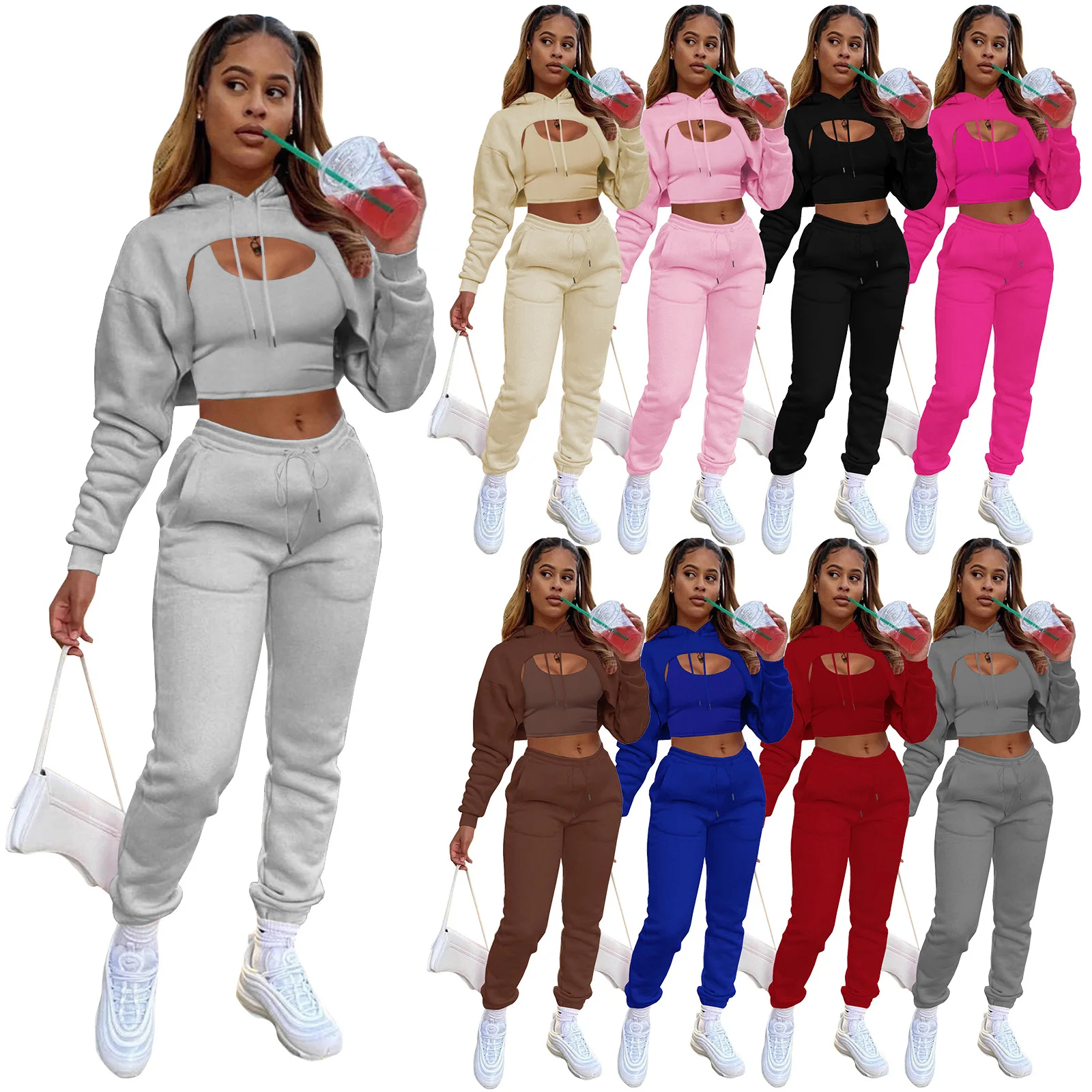 

Winter Casual Letter Print Outfits Sport Three Piece Sweat Suits Set Sweatshirt And Joggers 3 Piece Pants Set Women -PT, Pink,black,rose red,gray,apricot