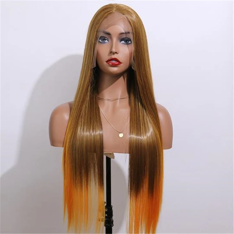 

Synthetic 13x6 Lace Front Wig Brown Ombre Yellow Color Pre Plucked Lace Frontal Wig for Women Silky Straight Long Hair