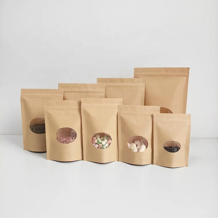 

17x24 cm blank stand up food packing brown craft kraft paper pouch bag with oval window