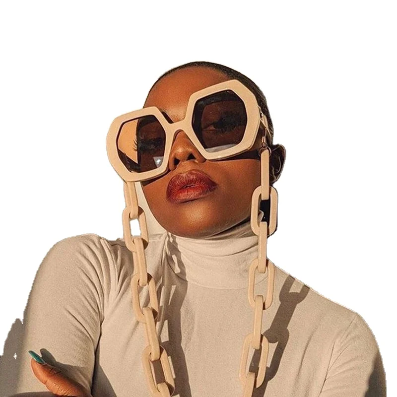 

2021 Designer Glasses Authentic Vintage Retro UV400 Oversize Irregular Polygon Clear Acrylic Sunglasses Chain Design, Mix colors
