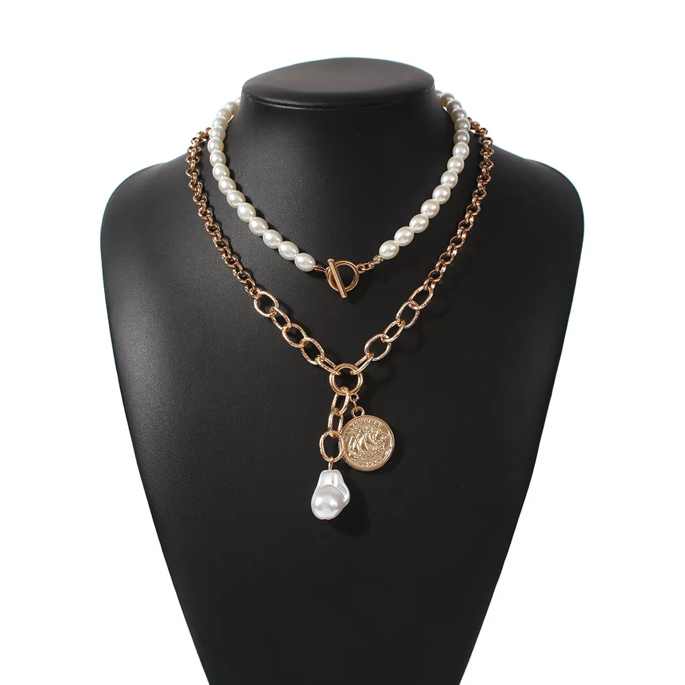 

2021 Wholesale Coin Pendant Necklace Pearl Baroque Necklace Pendant With OT Buckle, Gold