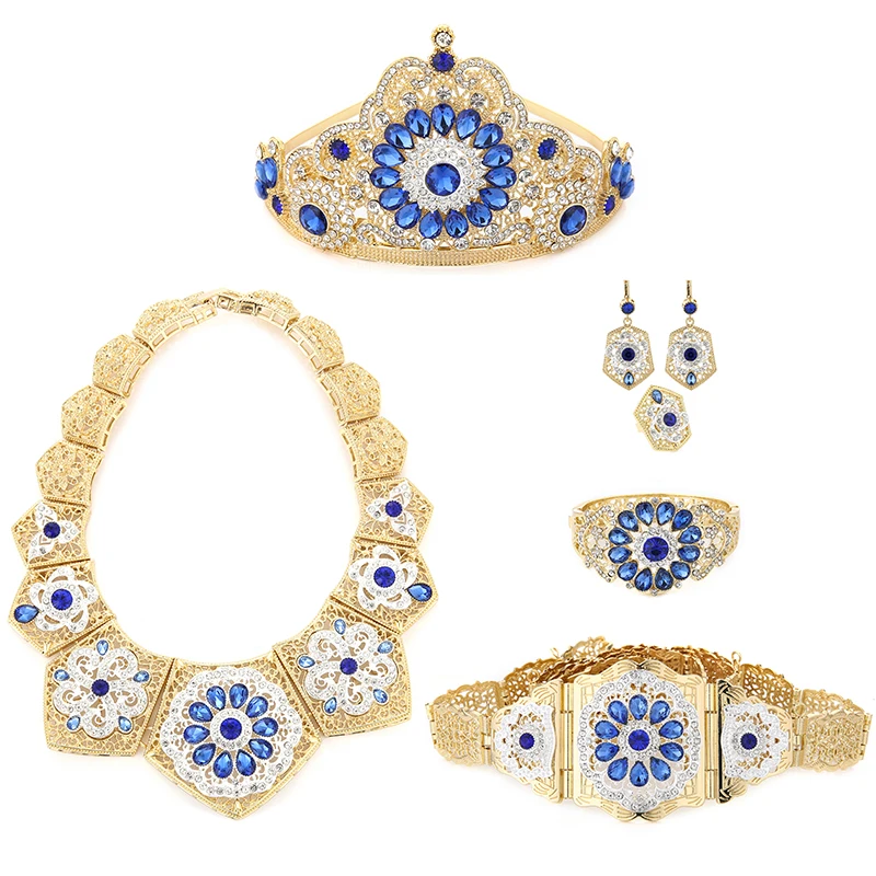 

Luxury wedding jewelry set for Arab Muslim women set of six pieces of jewelry set with colorful crystal necklace, Gold and silver