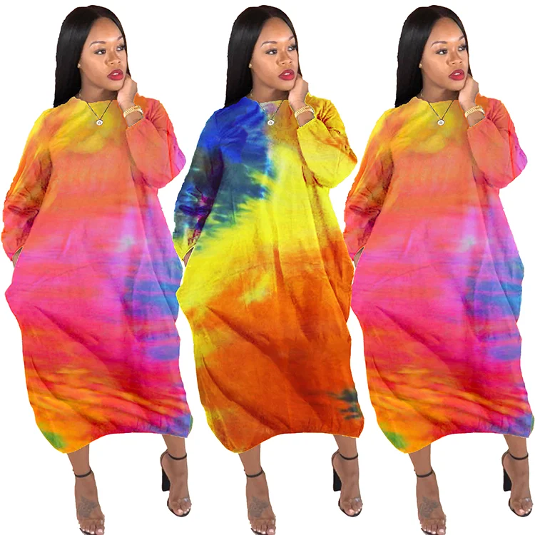 

2020 Women's Fashion Dress O Neck Tie Dye Loose Dress Casual Sexy Bulk Plus Size Women Clothing, As picture or customized make