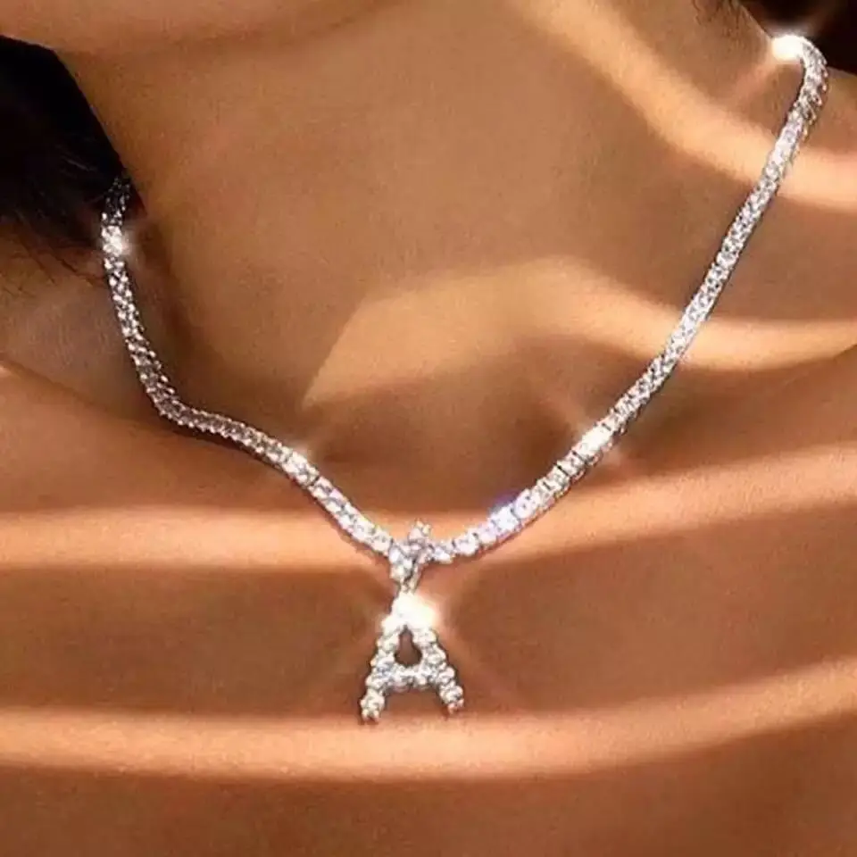 

Female Fashion Statement Jewelry 26 Alphabet Silver Color Tennis Chain Rhinestone Ice out A-Z Letter Initial Pendant Necklace