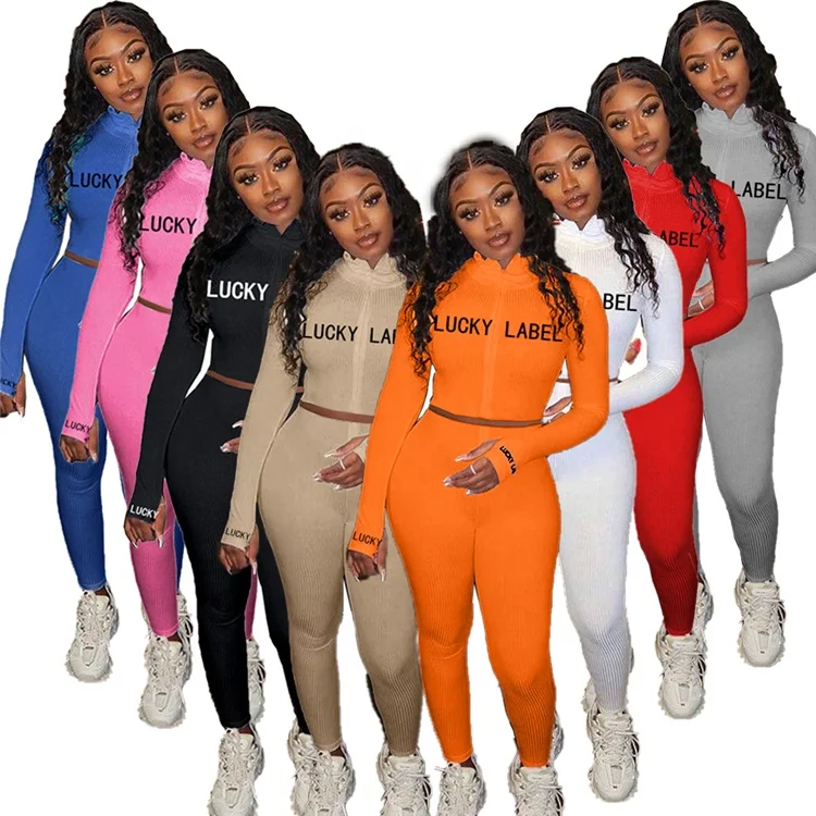 

Fall and spring Women Clothing letter printed Lucky Label Sweatsuit Long Sleeve Two Pieces set Ribbed Outfits Women tracksuit, As picture