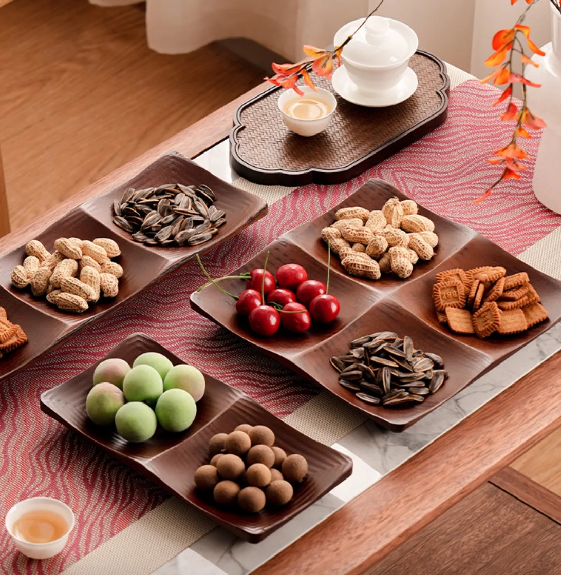 Modern New Light Luxury Household Bamboo Tray Creative Partitioned for Dried Fruit Coffee Table Fruit Melon Seeds Snack Candy