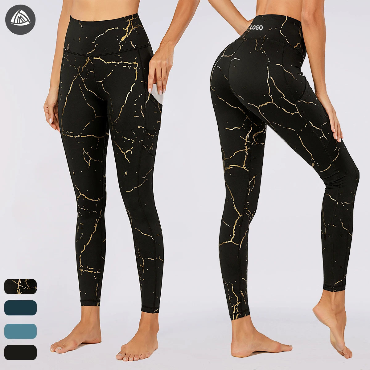 

OEM new quality wholesale stock ladies black leggings with full print golden lightning