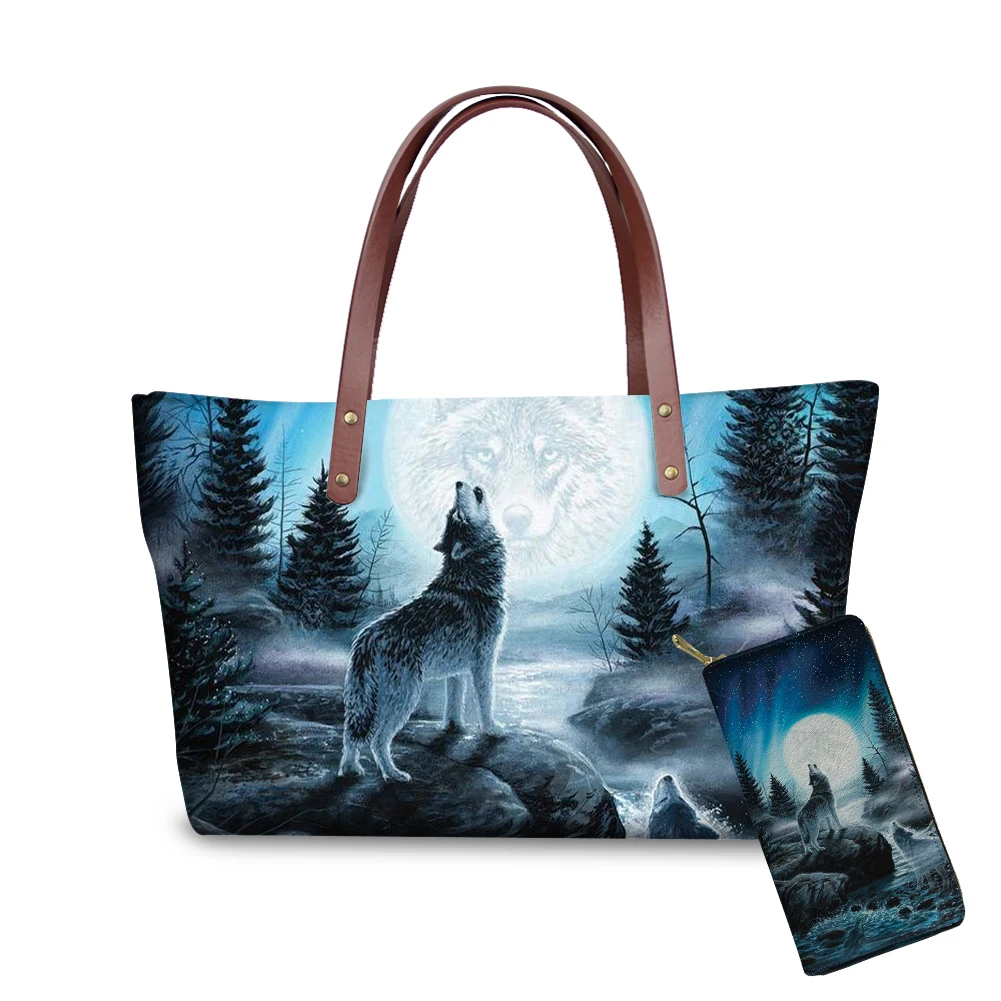 

Fashion Bags Women Handbags Ladies Animal Wolf 3D Print Portable Summer Purses Beach Shoulder Bags Set For Women Pu Walle, Customized