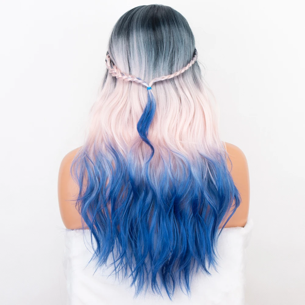 

Aliblisswig Natural Looking Dark Root Ombre Pink Blue Braid Wig Heat Friendly Fiber Hair Lace Synthetic Wig with Baby Hair