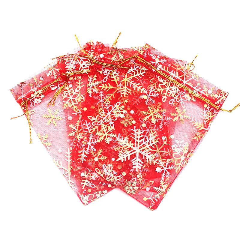 

Wholesale 7x9cm Snow Printed Small Package Bulk Eco Drawstring Organza Pouches Red Mesh Cute Gift Bags For Jewelry Packaging