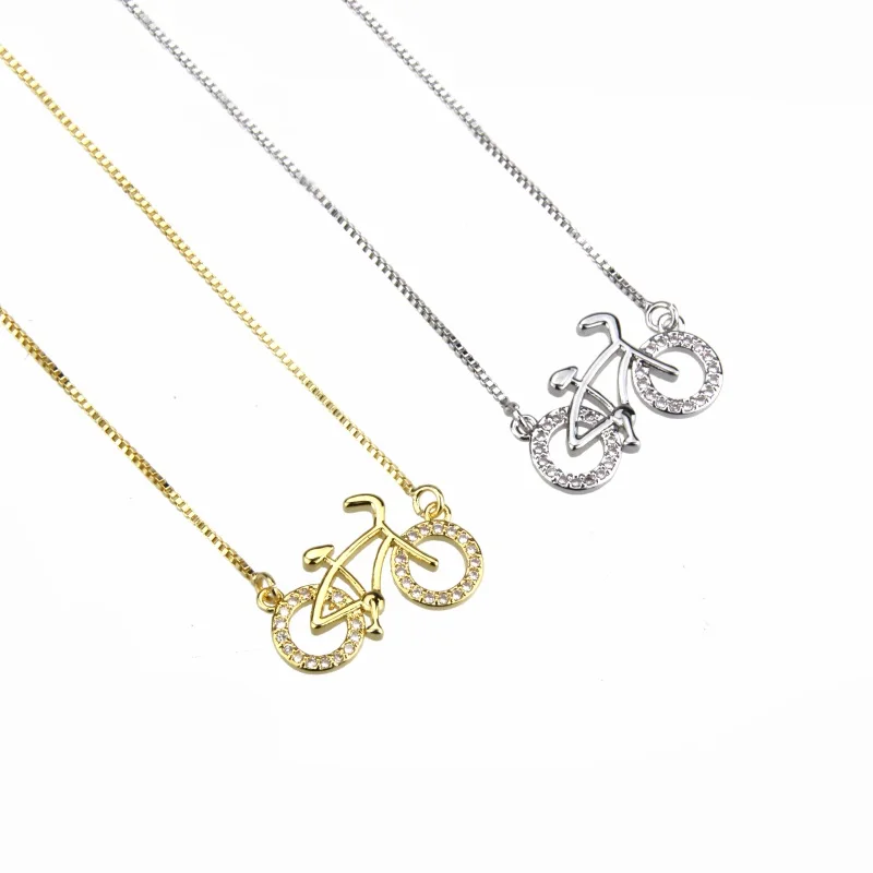 

New Fashion Designed Gold/Silver Color Copper White Cubic Zirconia Bicycle Pendant Necklace Jewelry For Women/Children, Gold color