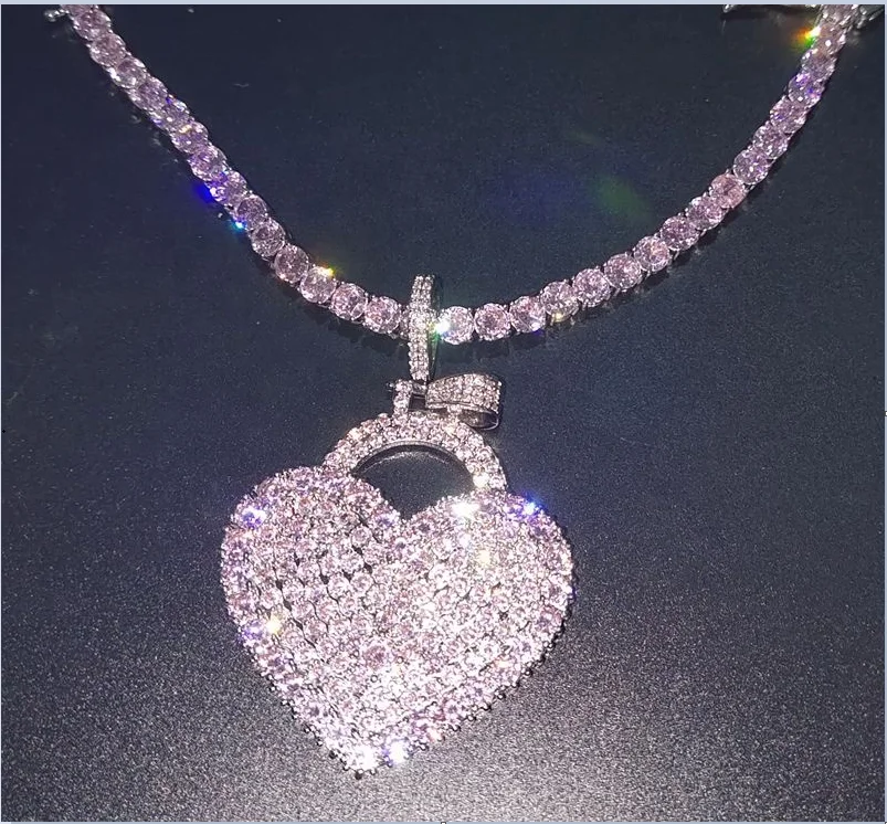 

New Arrival fashion jewelry women pink bling jewelry iced out tennis chain heart pendant necklace
