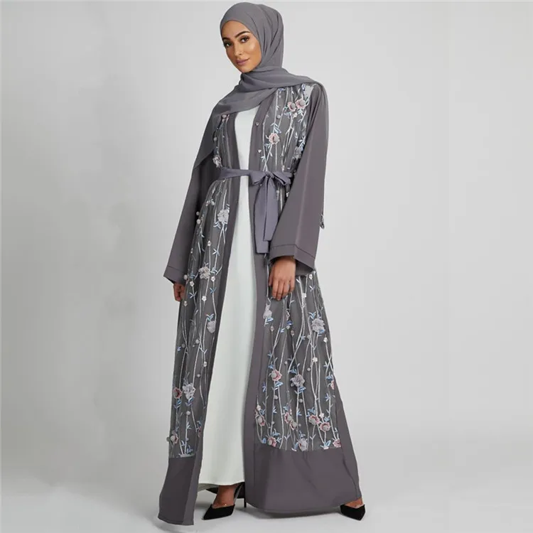 

2020 new designs embroidery nida open abaya for muslim women, Gray