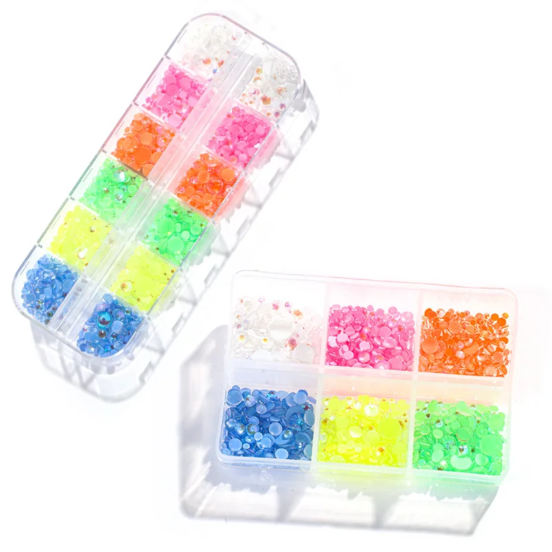 

Flatback MI YN series color 6/12 grids mixed sizes  round press on nail art supplies crystal accessories rhinestone set, 9 colors