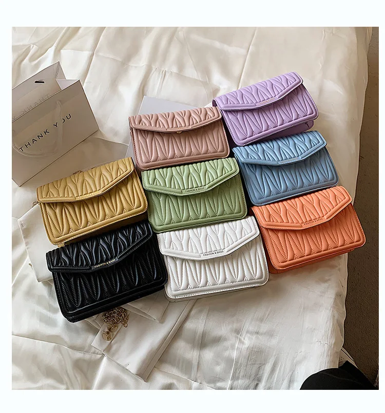 

L341 hot style summer purse lady candy color pu leather side chain bag pleated messenger crossbody handbags, White, yellow, purple, green, blue, black, pink, orange