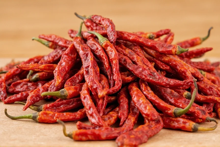 Close-up of dried arbol chiles showing texture