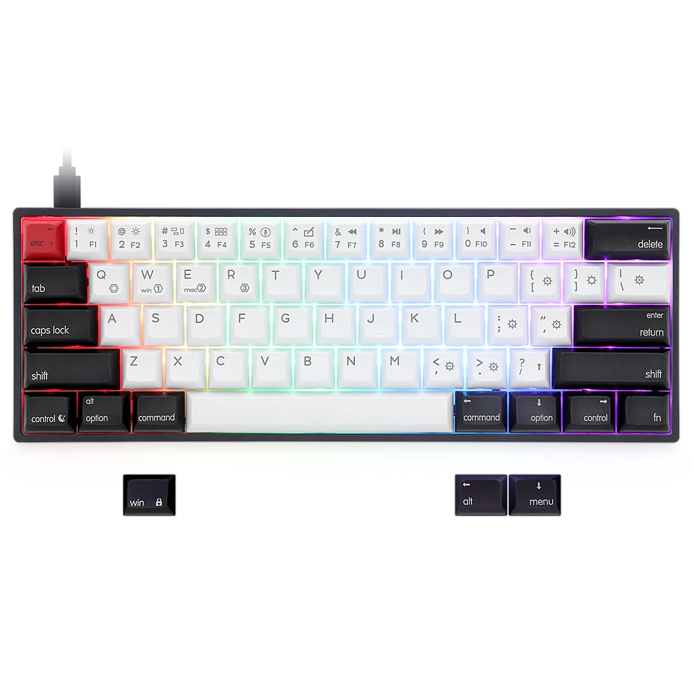 

YMM Hot selling DIY hotswap GK61 Gateron optical switch 60% GK1 ball keycaps ergonomic RGB gaming mechanical keyboard, Black/ white