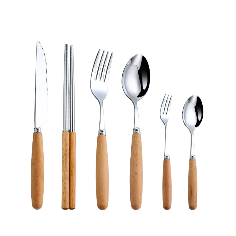 

New Design custom Wooden spoon fork chopsticks set stainless steel wooden handle cutlery set, Sliver