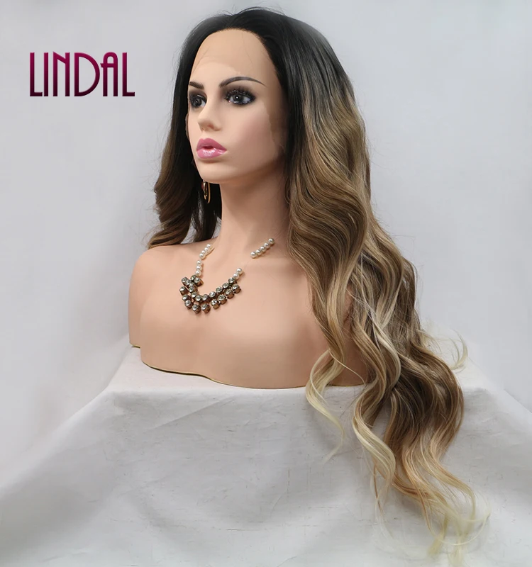 

LINDAL Wholesale China High Quality Heat Resistant Ombre Blonde With Highlights Long Natural Wavy Lace Front Synthetic Hair Wig