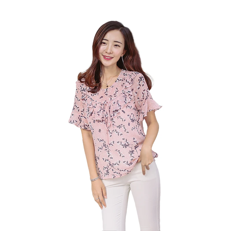 

Latest Design Cheap Fashion Lady Casual Ruffles Shirts Floral Printed Chiffon Lace Tie Flare Sleeve Blouse