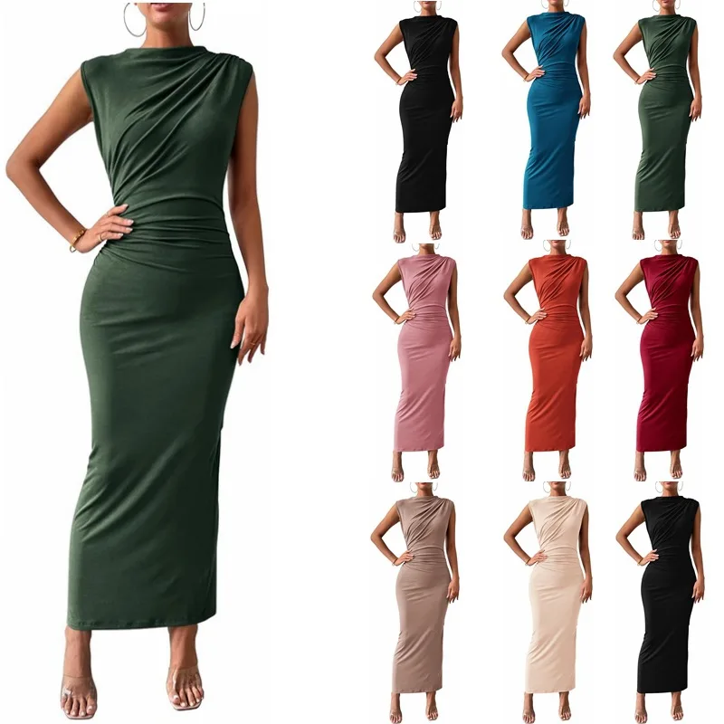 Sleeveless Back Slit Pleated Bodycon Maxi Dress