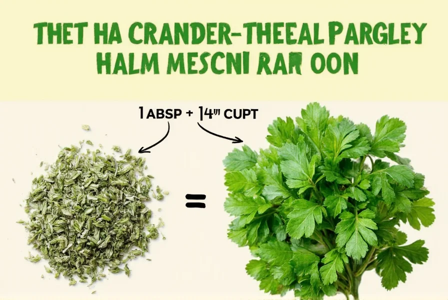 Fresh and dried parsley side by side comparison showing measurement equivalents