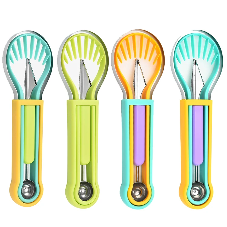 Portable 3 in 1 Multi-Functional Stainless Steel Melon Baller Scoop Digger Ice Cream Scoop Fruit Cutter Fruit Carving Tools