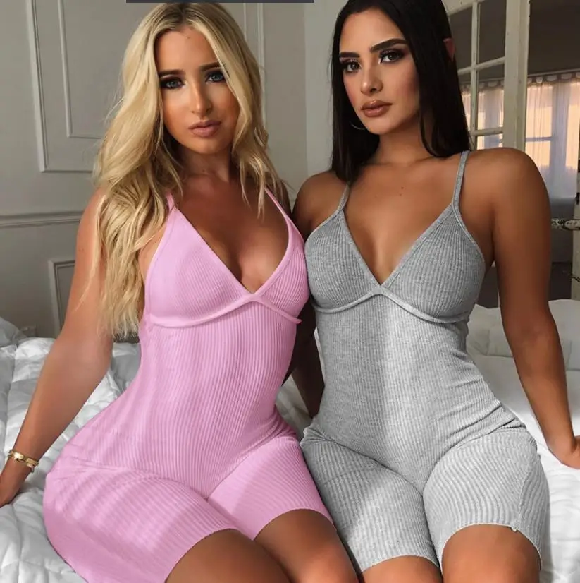 

Trendy Polyester Colorful Cross Strap Ribbed One Piece Short Fitness Playsuit V Neck Sleeveless Womens Jumpsuits Summer, As show