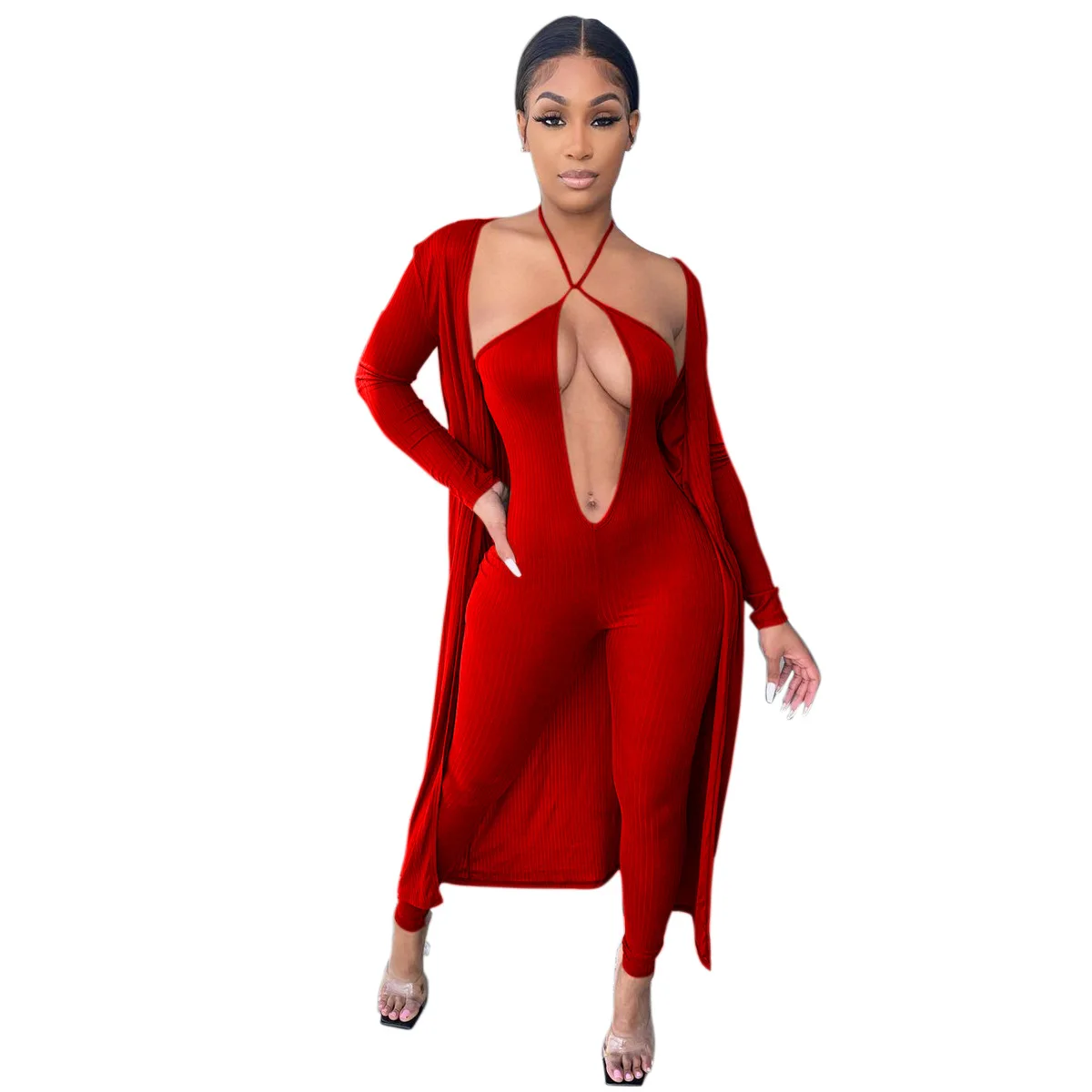 

New Women's Sexy Sling Deep V Jumpsuit + Long Sleeve Ribbed Jacket Set Custom Outfit Bodycon Jumpsuit set