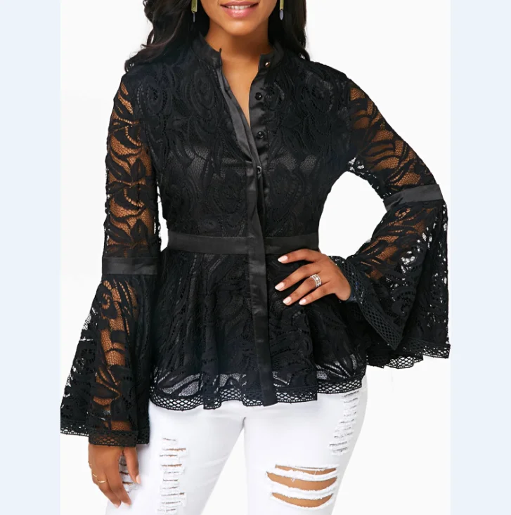

2021 new hot style lace stitching crochet hollow horn sleeve top