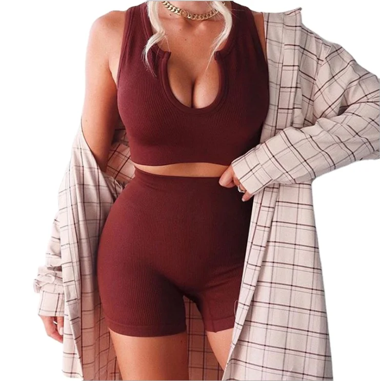

Women's ribbed sexy seamless U-neck plain blank brown sport yoga fitness suit two-piece bra and shorts female set custom logo