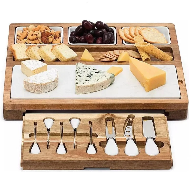 

Elegant acacia wooden cheese cutting board set with slide-out drawer, Natural bamboo