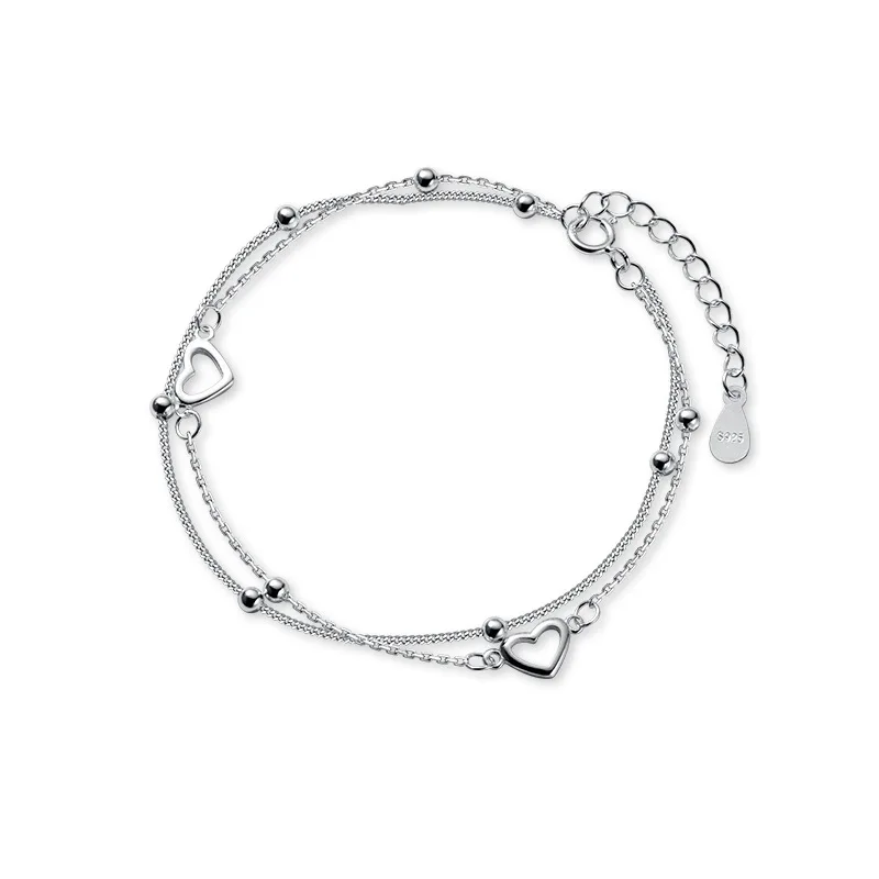 925 Sterling Silver Sweet Double Layer Hollow Heart Beads Bracelets for Women Sterling Silver Wedding's Day Gift