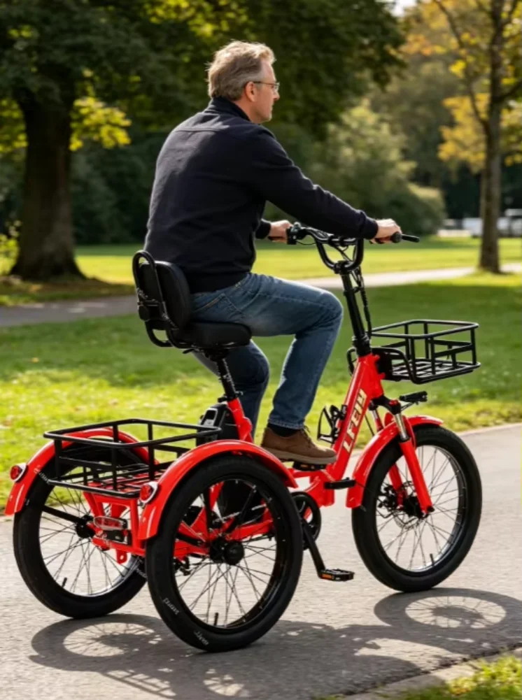 350W Fat Tire Blue Small Electric Tricycle Folding Adults 3 Wheel Cargo Booster Removable Lithium Battery Brushless Motor