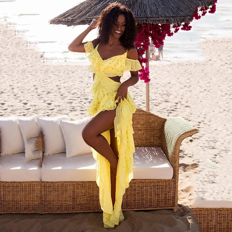 

Women Ruffle V Neck Long Bohemian Swim Dress 2021 Summer Holiday Spaghetti Slip Strap Vestidos Hollow Out Beachwear Cover Up