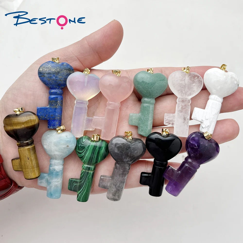 

Bestone Custom Stone Pendant Jewelry Crystal Energy Natural Stone Key Lock Heart Pendant Necklace