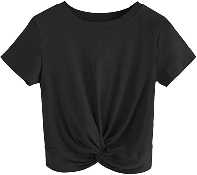 

Women's Summer Crop Top Solid Short Sleeve Twist Front Tee T-Shirt, Customized colors