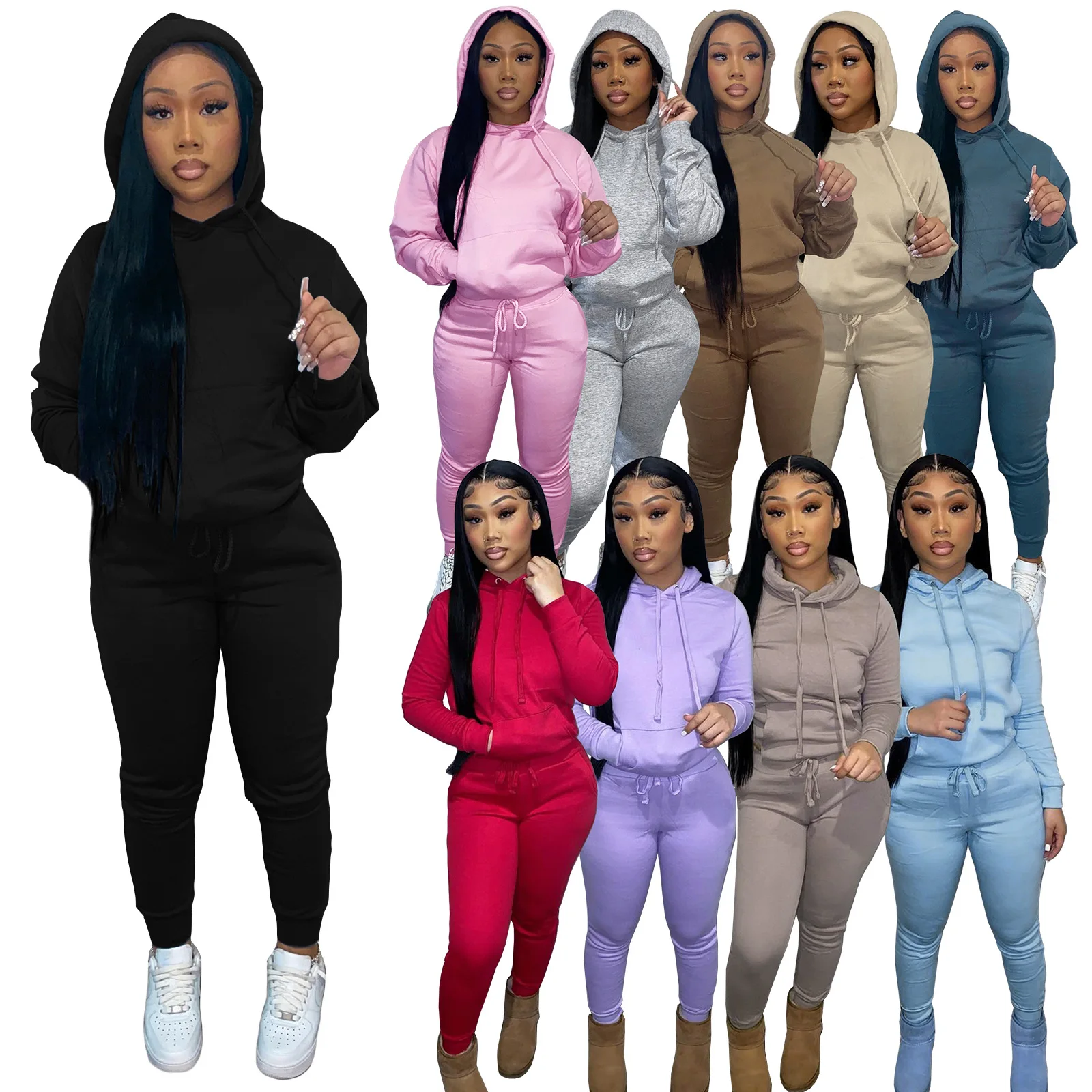 

2021 New arrival causal hoodie long sleeves thick fleece sweatsuit set cotton two piece jogger sets winter outfits for women, Picture