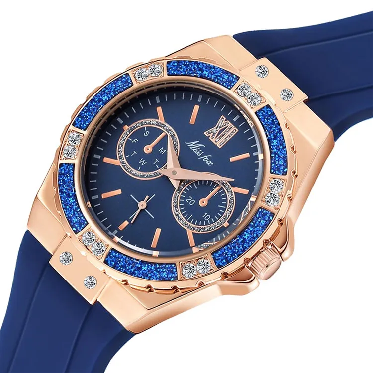 

MissFox 2593 Women's Watches Chronograph Rose Gold Sport Watch Ladies Diamond Blue Rubber Band Xfcs Analog Female Quartz Watch