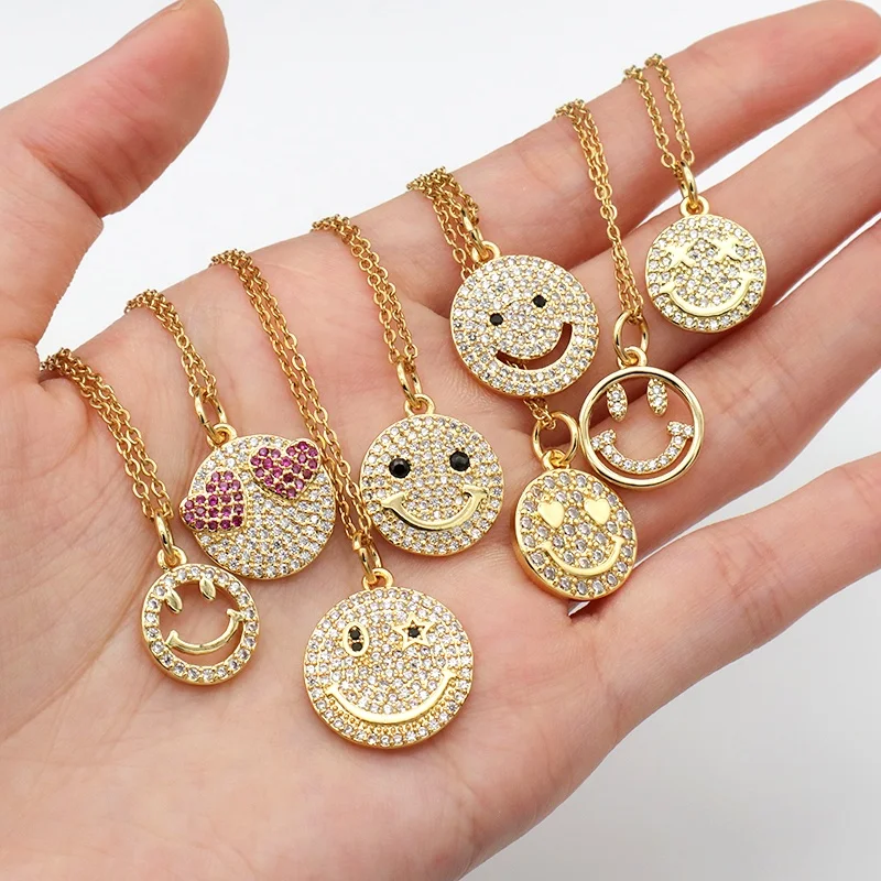 

2021 women girls blingbling crystal jewelry 18K gold plated stainless steel chain smile pendant necklaces