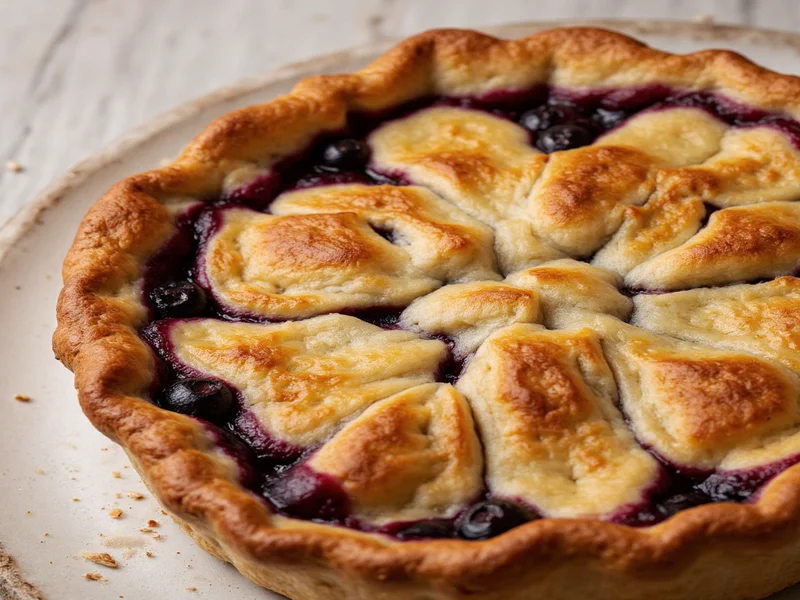 Freshly baked blueberry pie with golden crust and bubbling filling