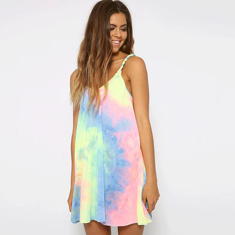 

Women Summer Tie Dye Beach Wear Rainbow Pattern Mini Sleeveless Tee Shirt Dress, As pic show