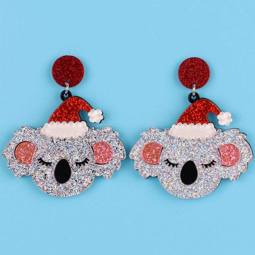 

Wholesale Best selling creative animal glitter Cute Koala Santa hats Laser Cutout acrylic earrings for women